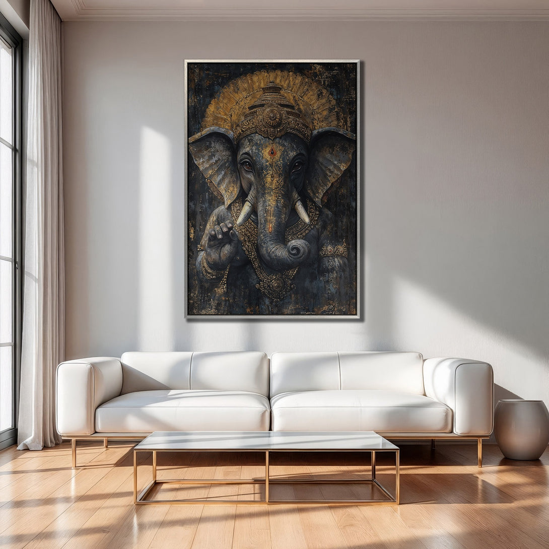 Framed Wall Art of Ganesha in a modern interior. Dark, textured painting with gold accents. Elevate your space with this stunning Canvas Print.