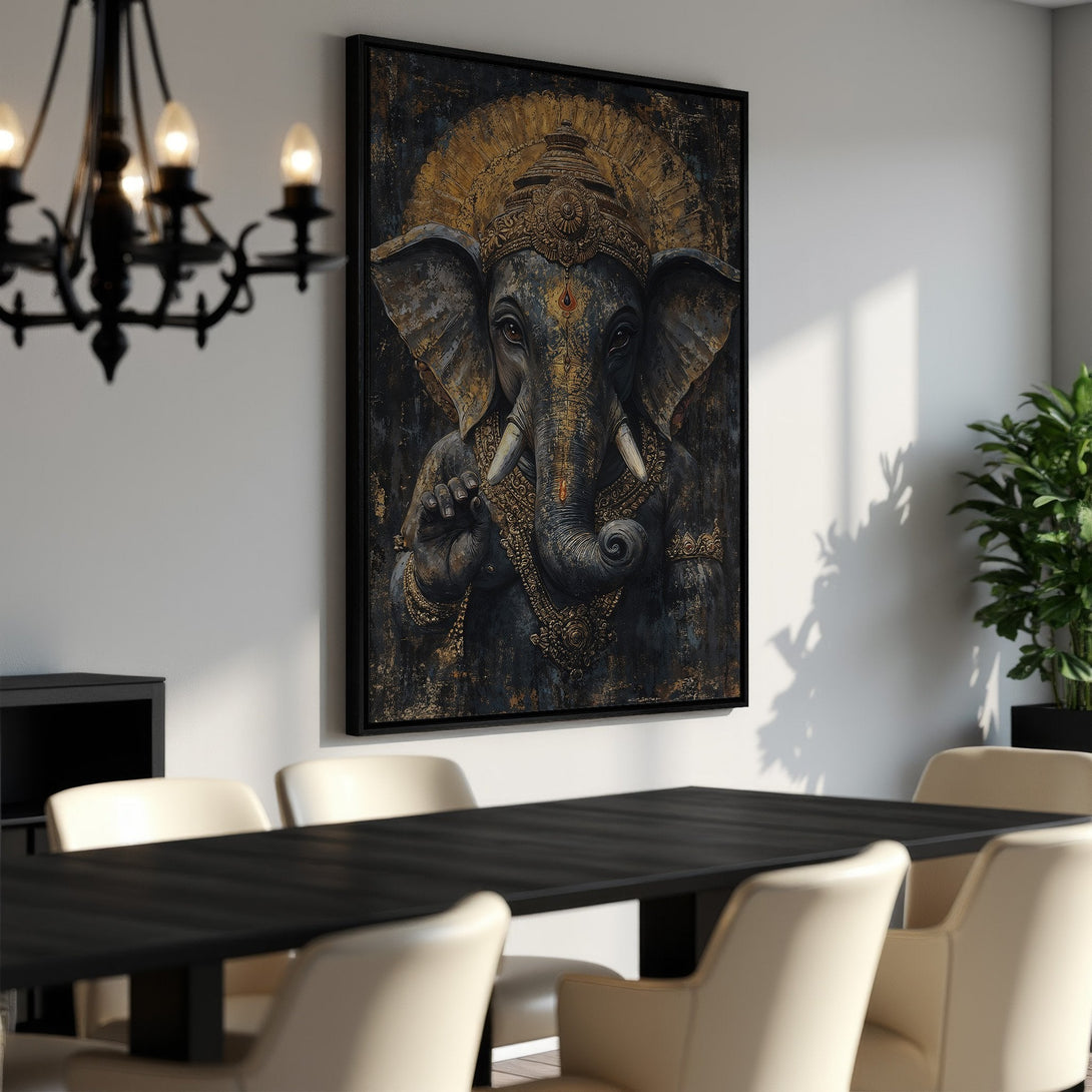 Framed Wall Art featuring an elegant Ganesha portrait. Dark, textured style with gold and blue tones. Perfect for adding a touch of spirituality to your home.