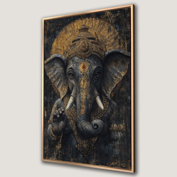 Framed Wall Art featuring a detailed Ganesh portrait in a textured, dark, and gold color palette. Perfect for adding spiritual art to your home decor.