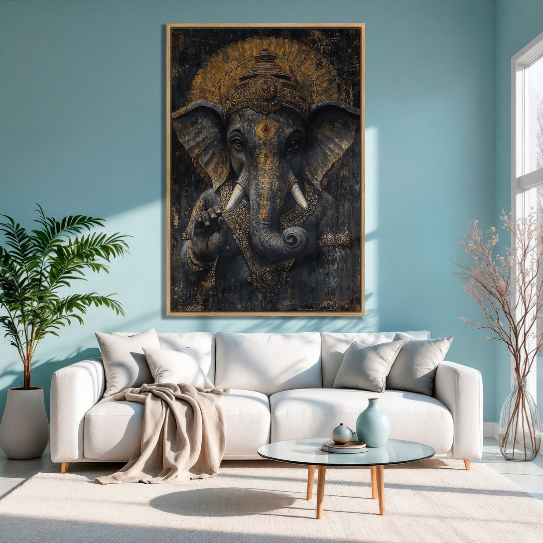Framed Wall Art featuring an ornate Ganesh painting in a dark, gold, and teal color palette. Adds a touch of spiritual elegance to any living space.