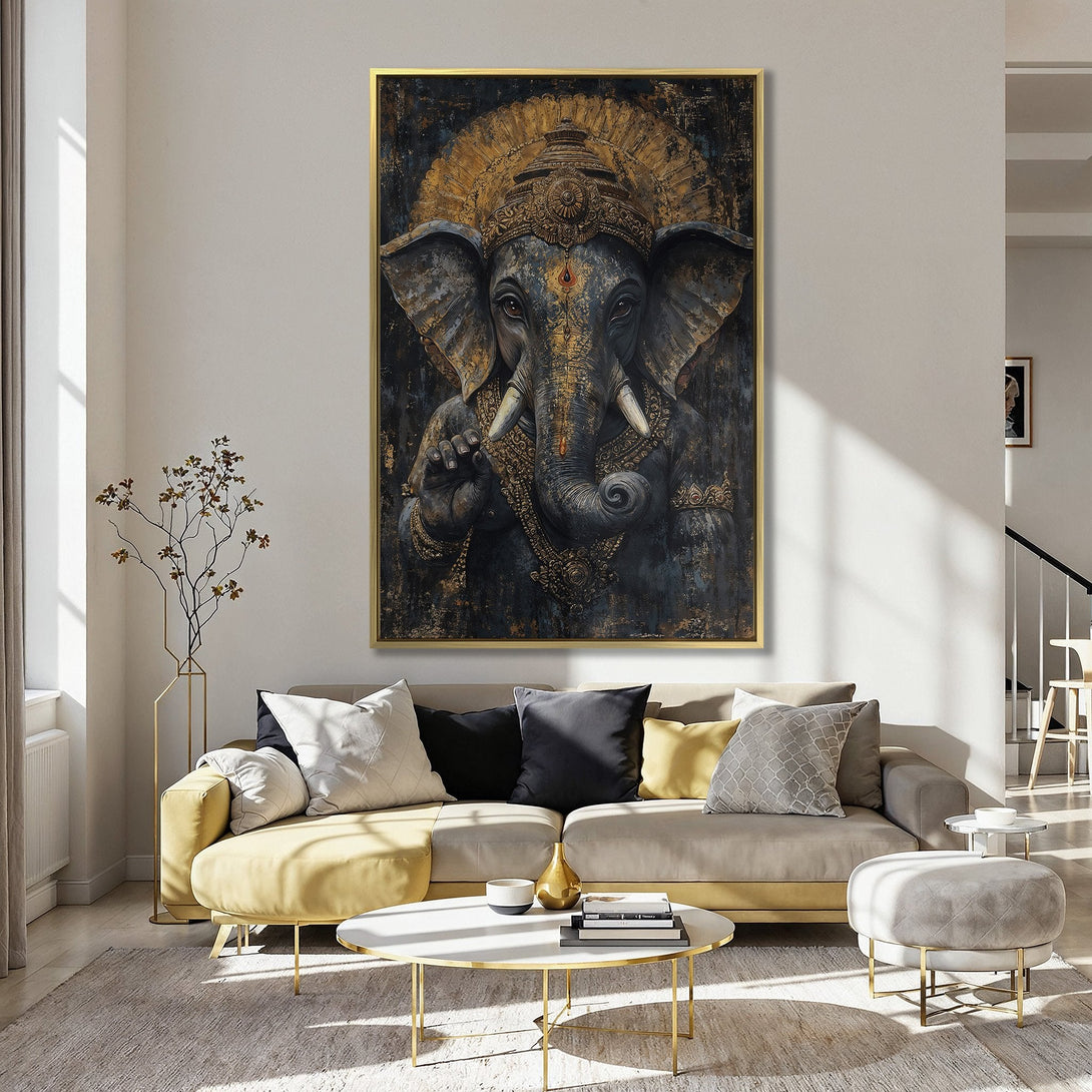 Canvas Print of Ganesh in a kitchen. Dark, moody artwork with gold accents. Adds a touch of zen and style to any space.