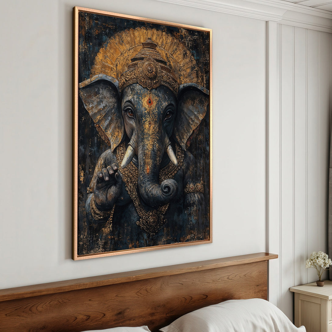 Framed Wall Art featuring Ganesha in an elegant, dark, and gold color palette. Perfect for adding a touch of spiritual art to your home decor.
