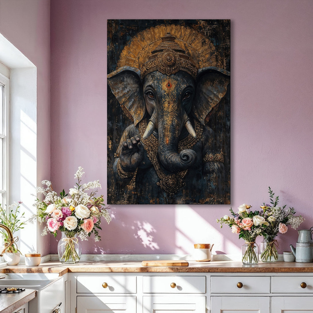 Framed Wall Art featuring a majestic elephant deity, rendered in a dark, textured style with gold accents. A striking piece for any home, with a rich, moody palette.