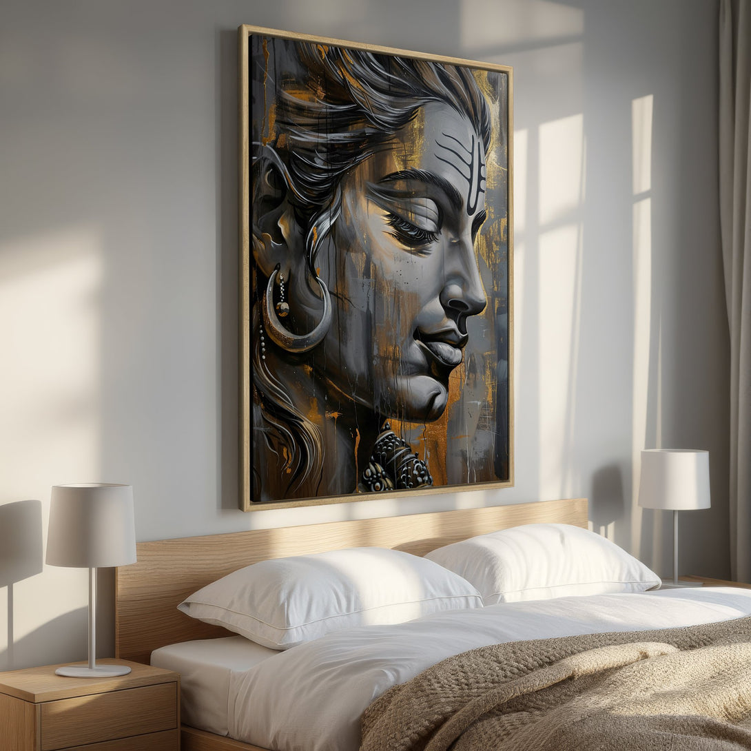Framed Wall Art: Stunning portrait of a deity in a modern, abstract style. Features a dramatic black, gray, and gold color palette. Perfect bedroom decor!