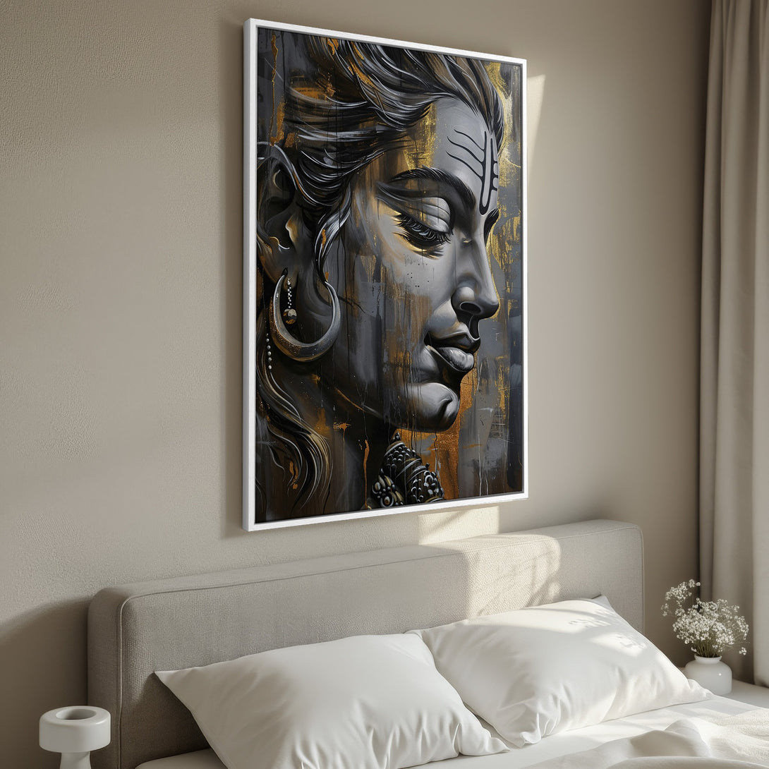 Framed Wall Art featuring a serene portrait of a deity in a modern, abstract style with a gold, gray, and black color palette. Perfect for any home decor.