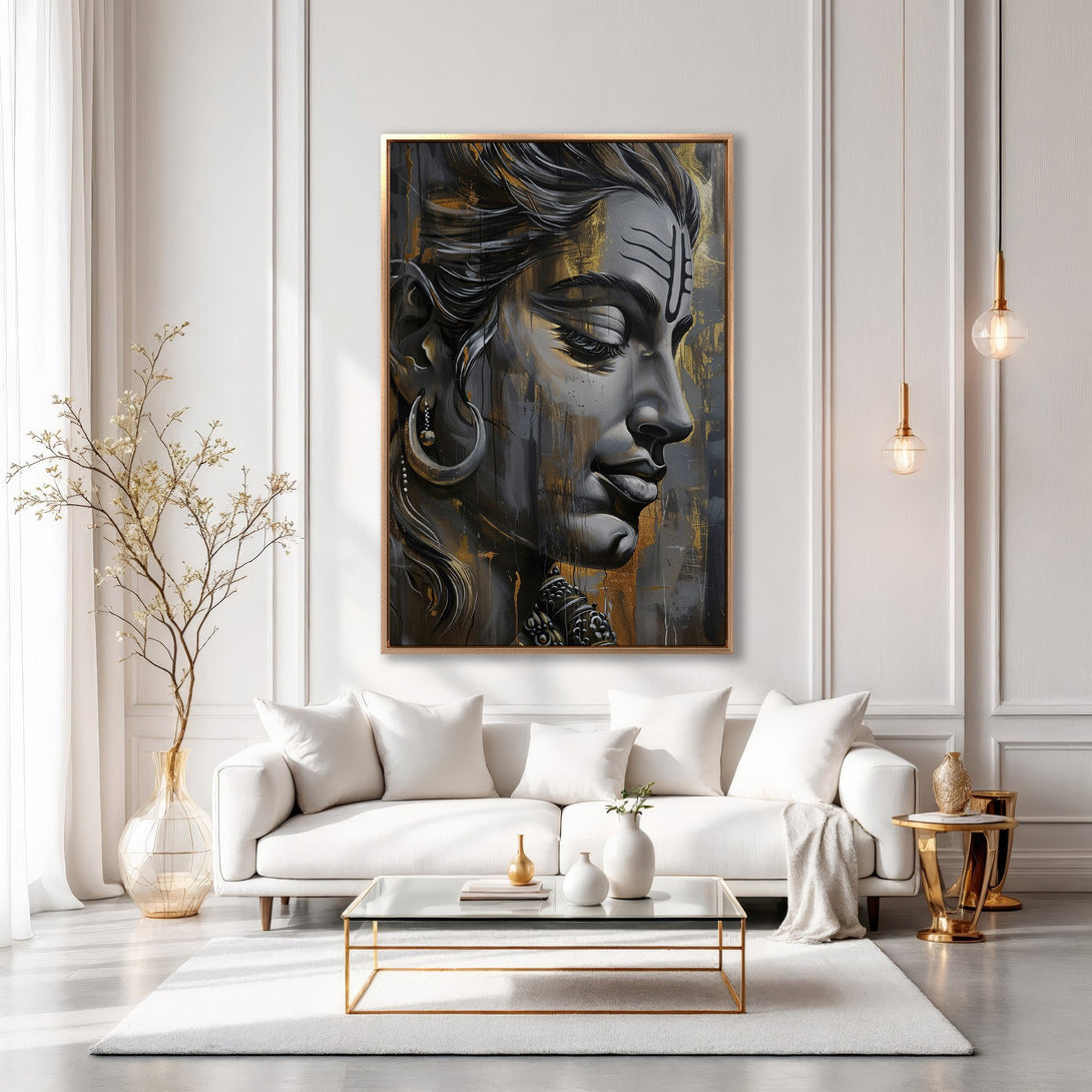 Framed Wall Art featuring a serene portrait in grayscale with gold accents. Modern style Canvas Print adds elegance to any living room. Shop now for art that inspires!