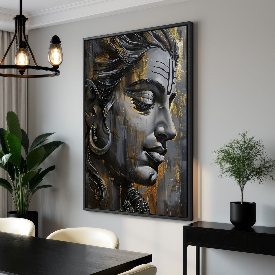 Framed Wall Art: Abstract portrait of a serene figure in grayscale with gold accents. Modern Canvas Print for a stylish interior.