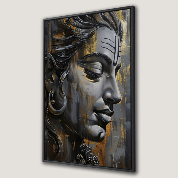 Framed Wall Art: Stunning portrait of a serene figure in grayscale with gold accents. Modern art canvas print, perfect for adding a touch of elegance to any space.