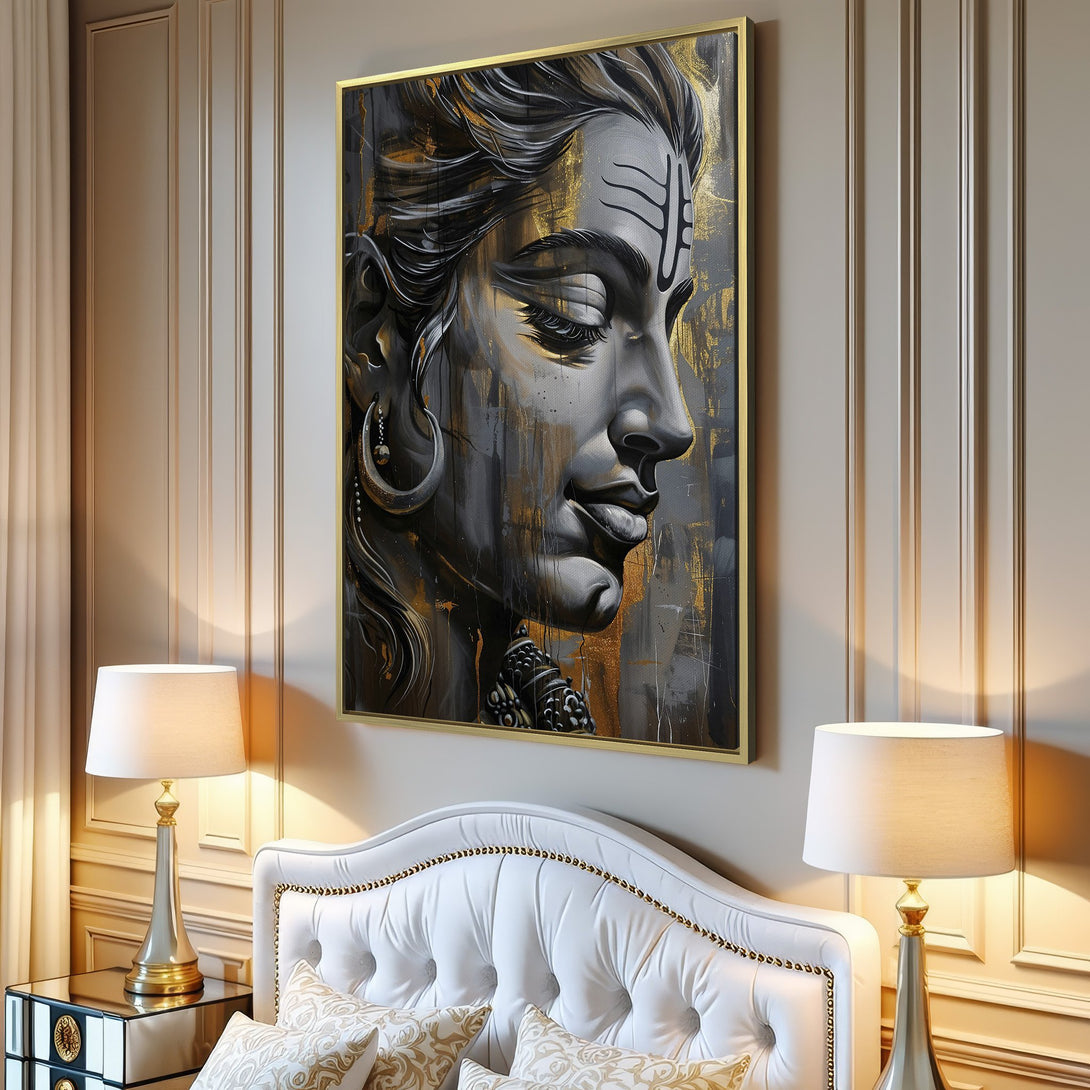 Canvas Print of a serene Hindu deity portrait in grayscale & gold, modern art style. Perfect wall decor for home or office.