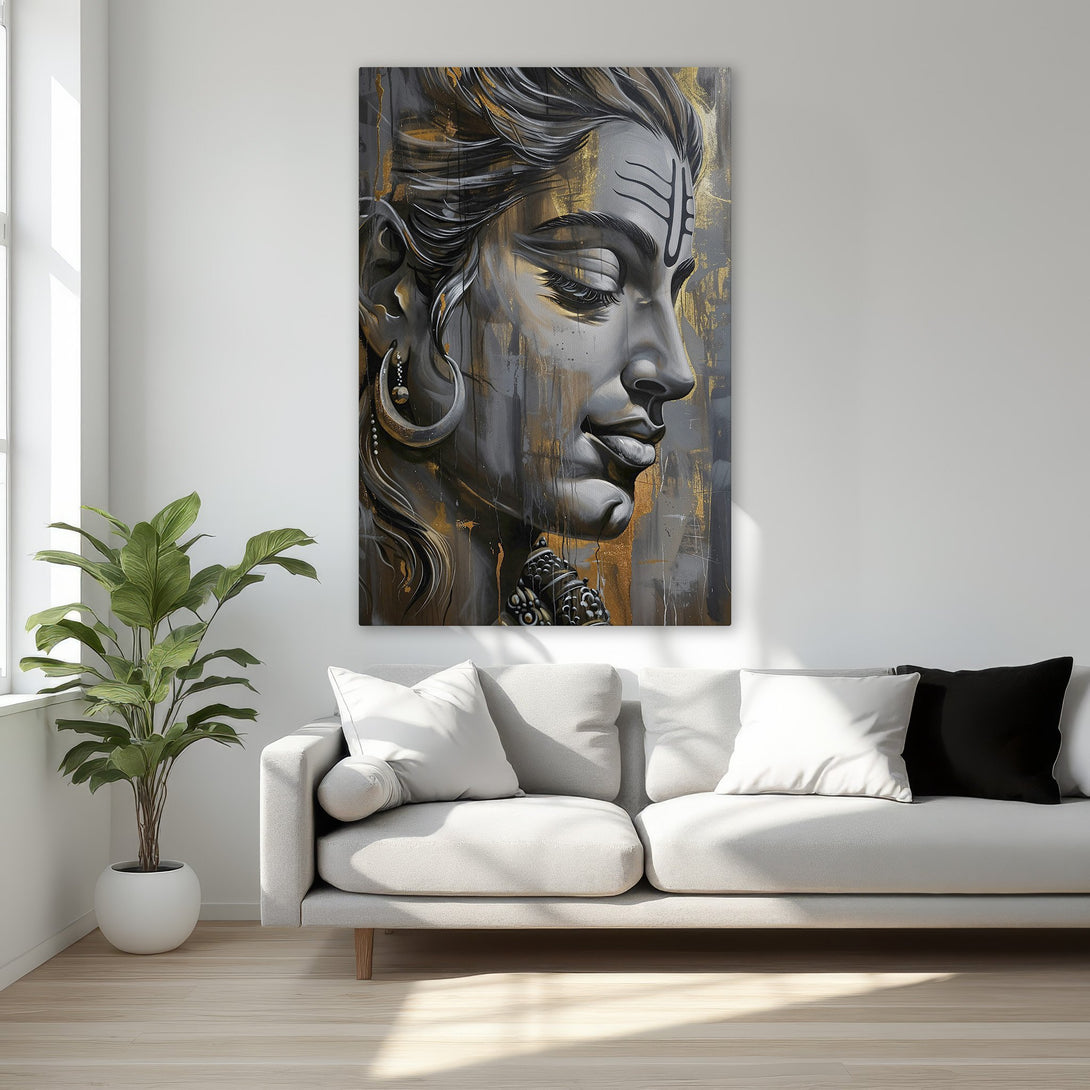 Framed Wall Art featuring a serene portrait in black, gray, and gold. Modern canvas print adds elegance to any space. Shop now for stunning wall decor!