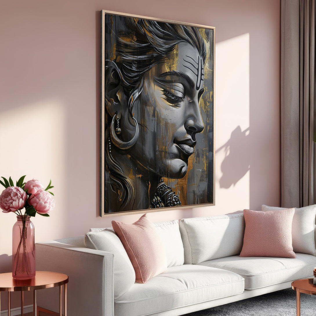Framed Wall Art featuring a serene face with gold accents. Modern canvas print in a neutral palette, perfect for adding elegance to any space.