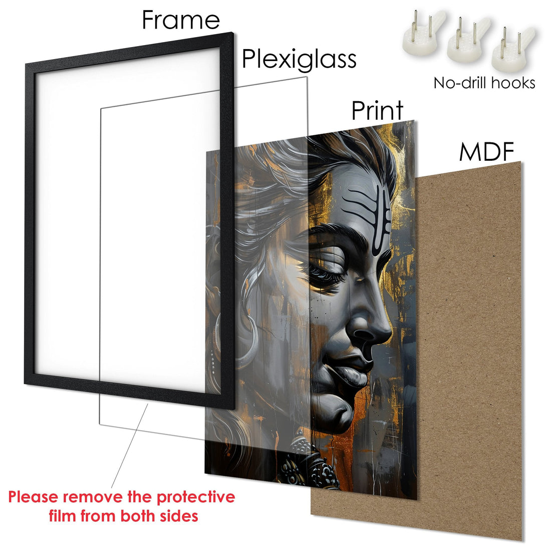 Framed Poster of a spiritual portrait in gray, black, and gold. Modern art style, perfect for home decor.