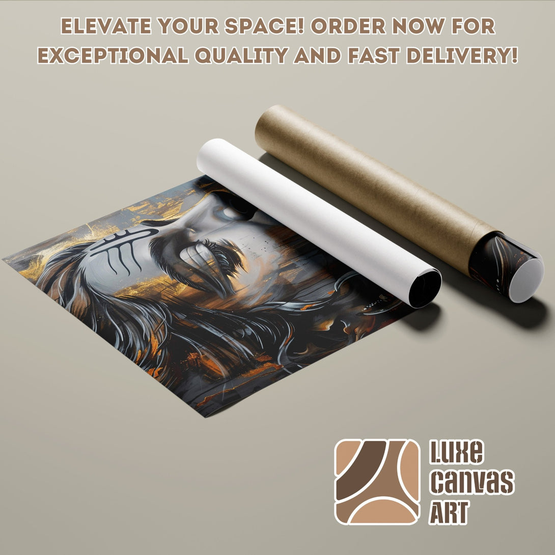 Poster Roll featuring an abstract portrait in black, gold, and gray tones. Elevate your space with Luxe Canvas Art!
