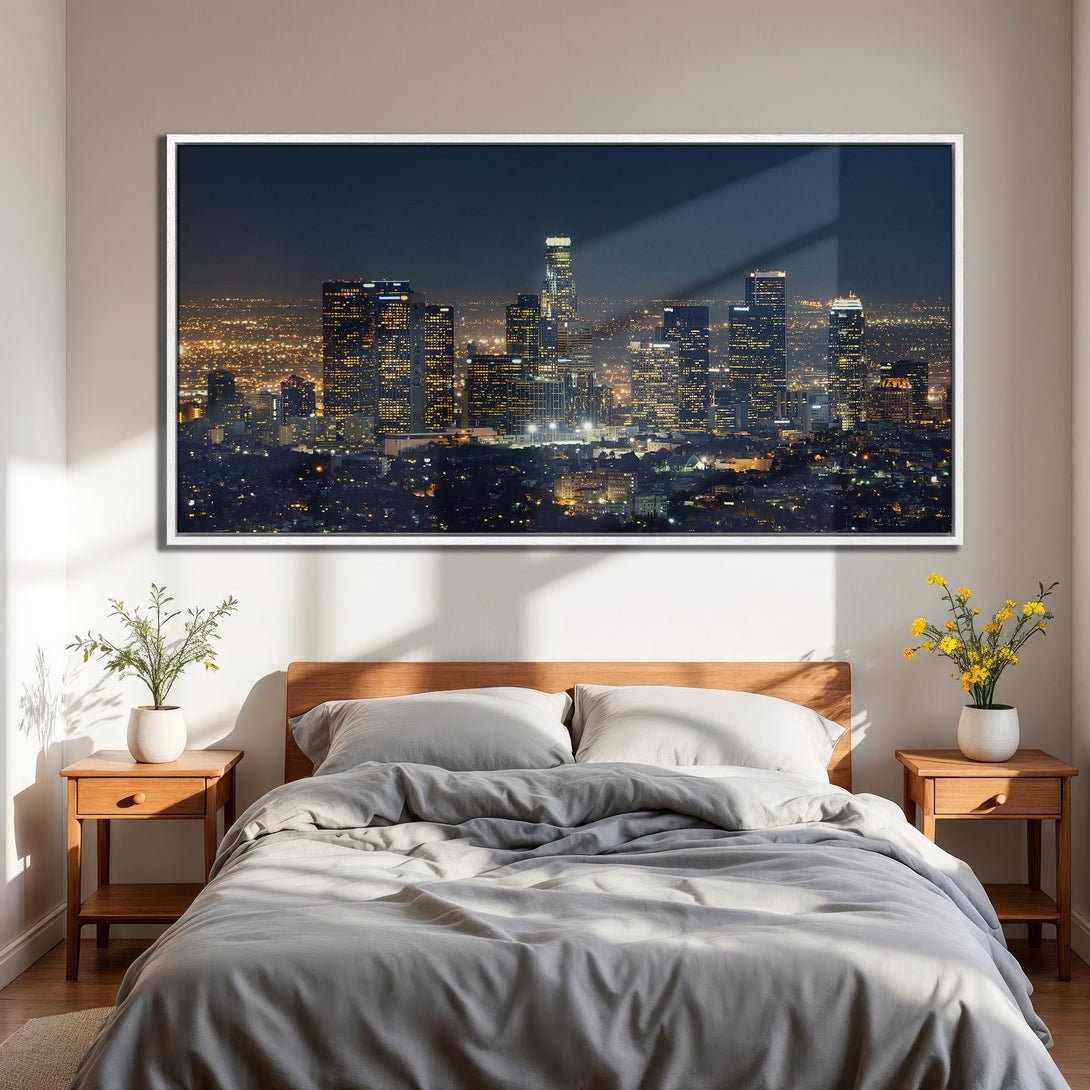 Framed Wall Art of Los Angeles skyline at night. Modern canvas print with a dark, moody color palette, perfect for bedroom decor.