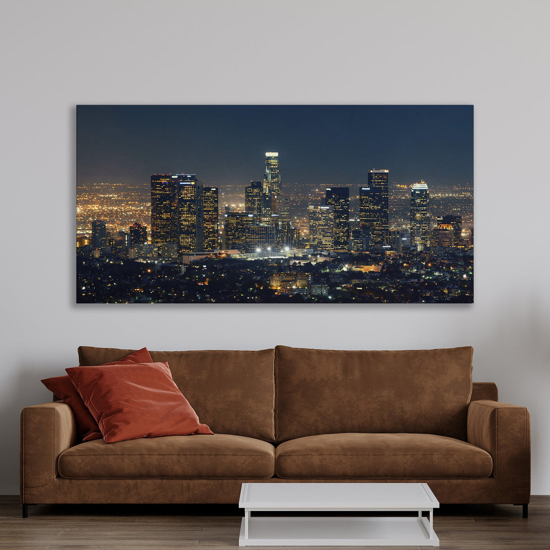 Framed Wall Art of Los Angeles skyline at night. Modern Canvas Print with warm, neutral tones, perfect for adding a touch of urban elegance to your home.