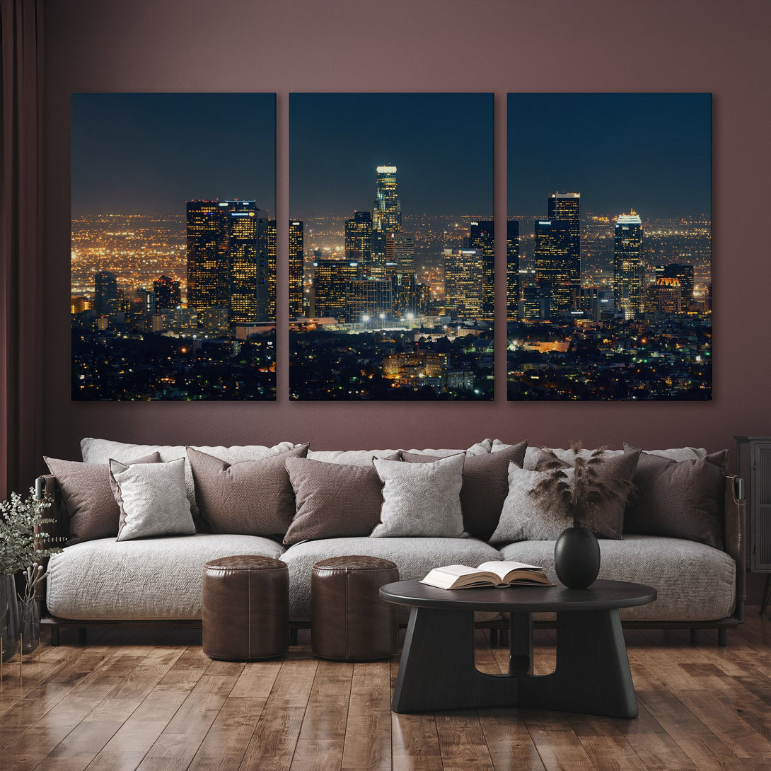 Canvas Print of a stunning night cityscape in a warm, neutral interior. Modern wall art with a dark blue and gold color palette, perfect for any space.