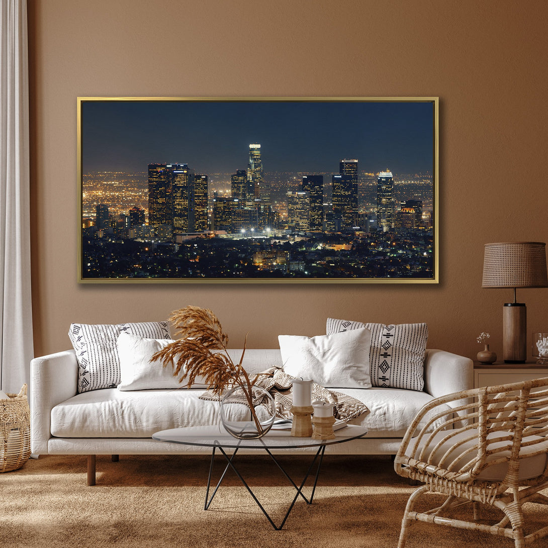 Canvas Print of Los Angeles skyline at night, featuring a dark blue and gold color palette, perfect for modern home decor.