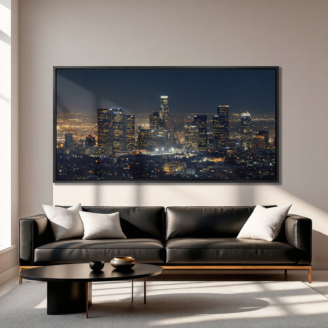 Framed Wall Art: Stunning night cityscape Canvas Print in a modern living room. Dark, moody color palette with city lights. Elevate your space with this art piece.