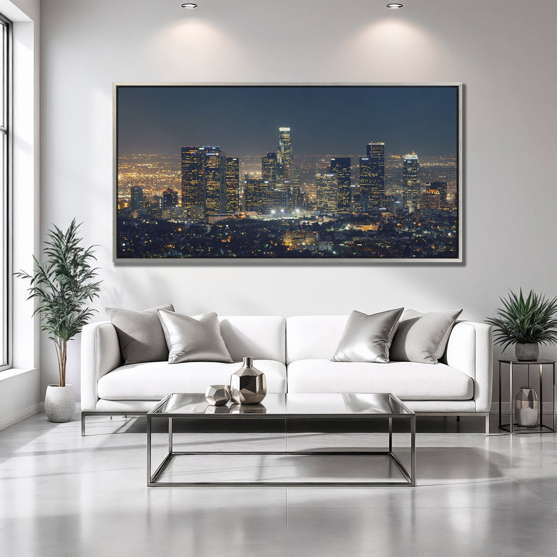 Framed Wall Art featuring a nighttime cityscape. Modern style with a dark, moody color palette. Elevate your space with this stunning artwork.