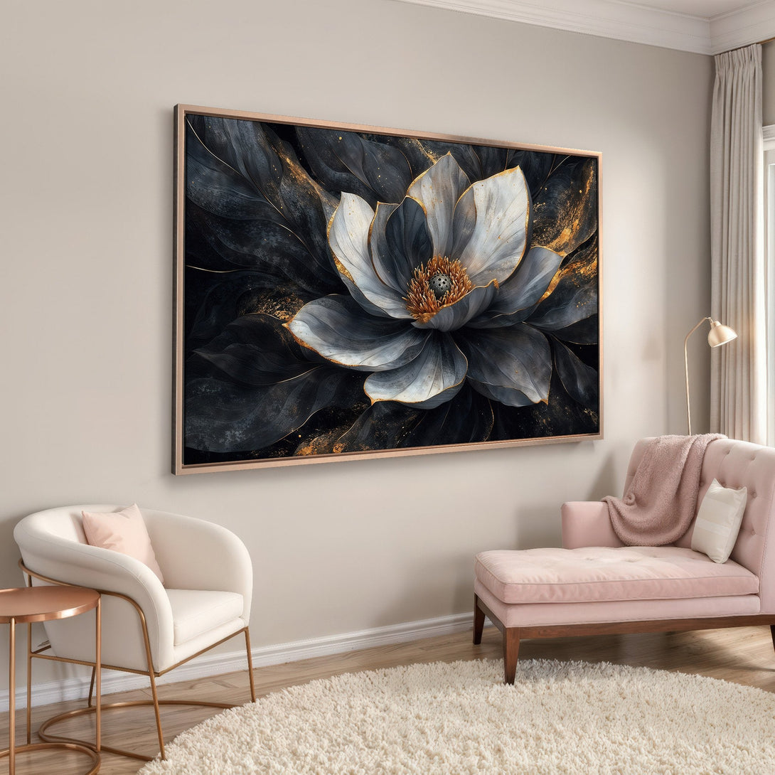 Framed Wall Art featuring a stunning floral design in a modern style. Dark, moody color palette with gold accents. Perfect for living room decor.
