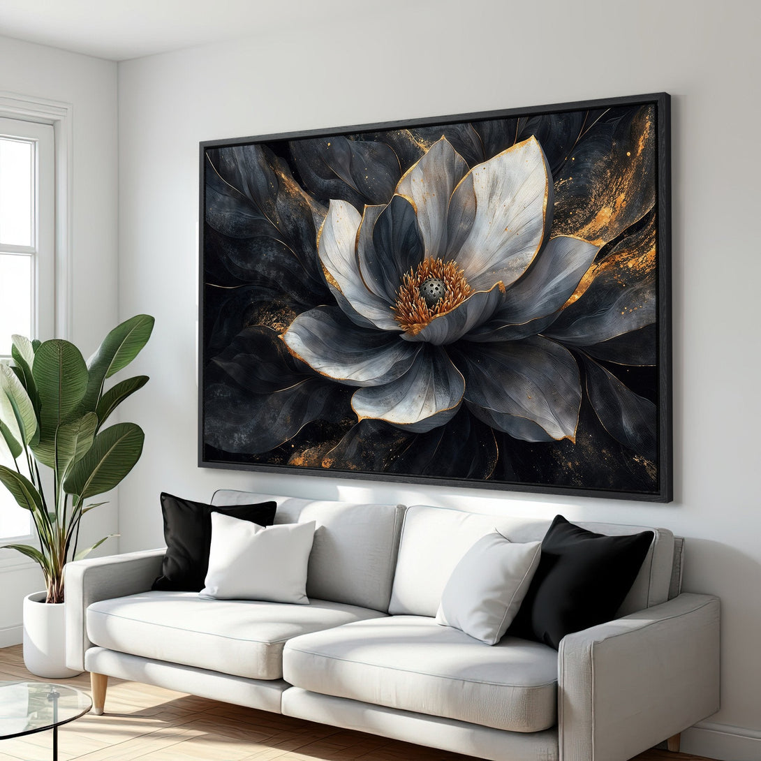 Framed Wall Art: Abstract floral print in black, white, and gold. Modern art canvas print adds elegance to any living room.