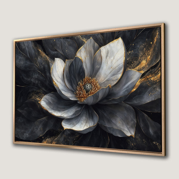 Framed Wall Art: Elegant floral canvas print in grayscale and gold tones. Modern botanical art for a sophisticated home decor.