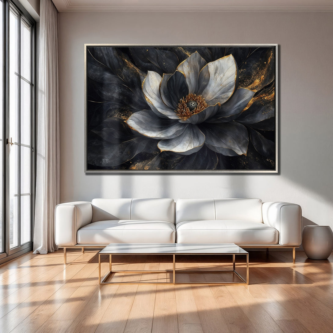 Framed Wall Art: Elegant floral canvas print in black, white, and gold. Modern art for living room decor. Shop now for stunning wall art!