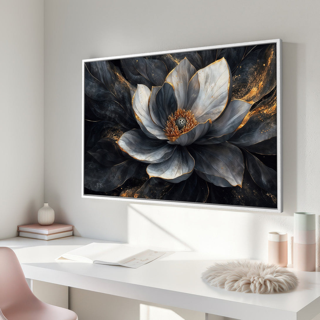 Framed Wall Art: Elegant floral Canvas Print in a modern interior. Features a grayscale flower with gold accents, perfect for sophisticated decor.