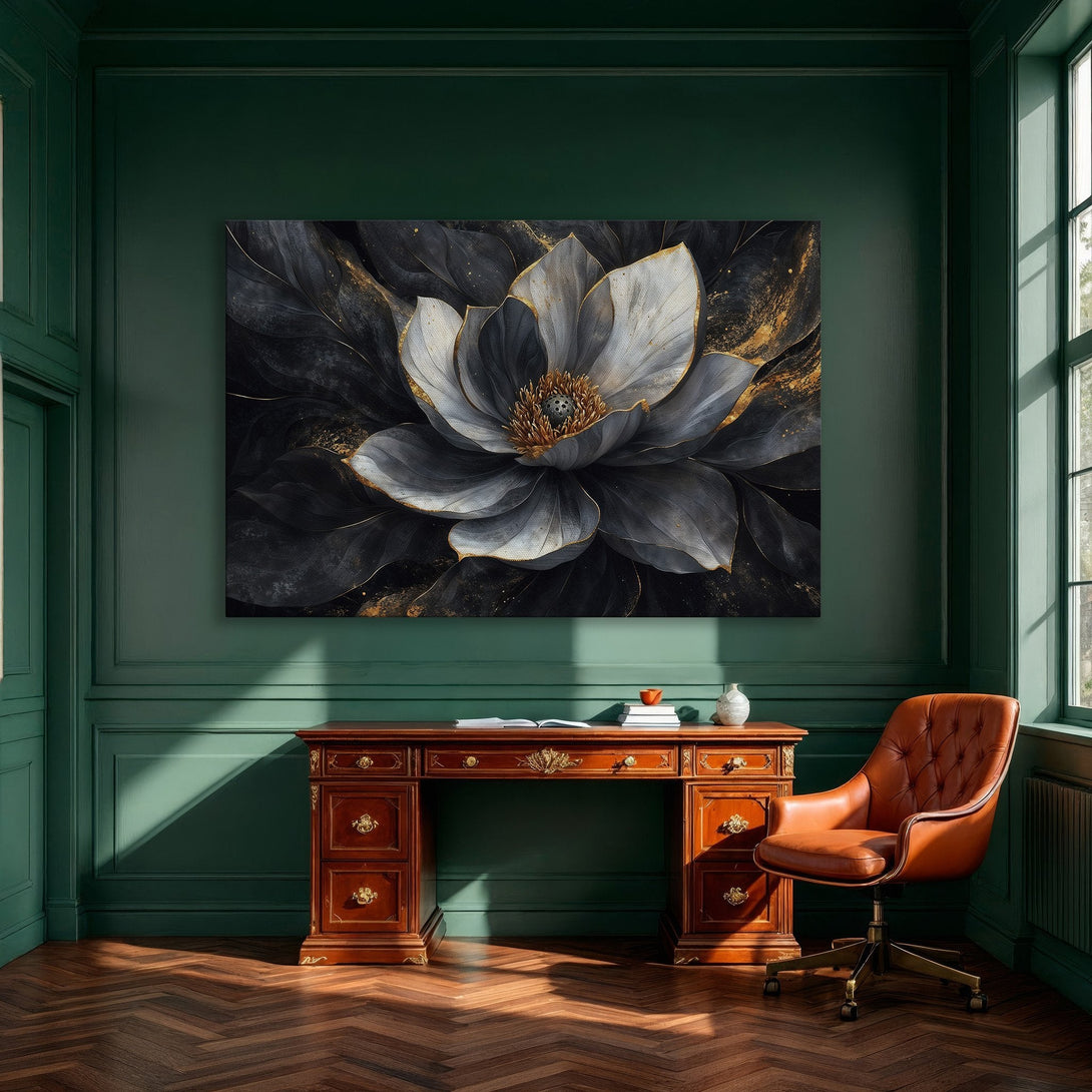 Framed Wall Art: Elegant floral canvas print in a modern style with a dark, gold, and white color palette, perfect for living room decor.