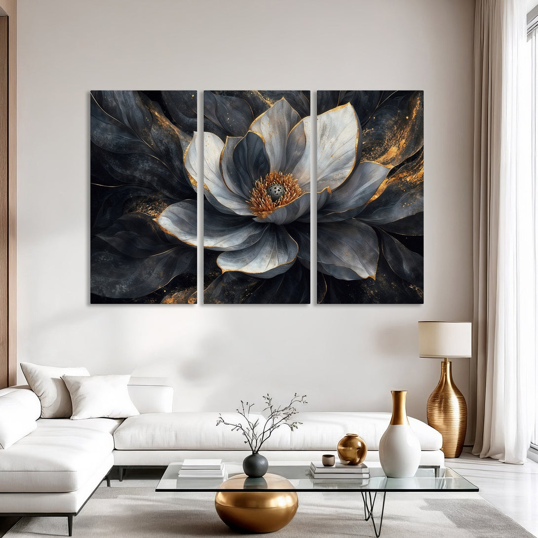 Canvas Print of a stylized flower in a dark, elegant style with a gold and gray color palette. Perfect for modern home decor.