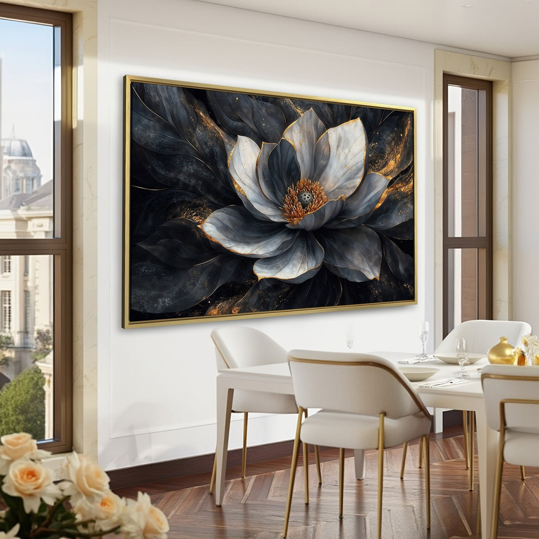 Canvas Print of a large floral artwork in a sophisticated interior. Dark, moody color palette with gold accents. Modern wall art for home decor.