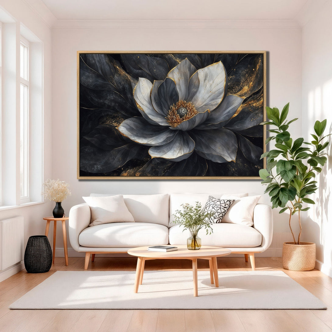 Framed Wall Art featuring a stunning abstract floral design in a sophisticated black, gray, and gold color palette. Elevate your space with this elegant Canvas Print.