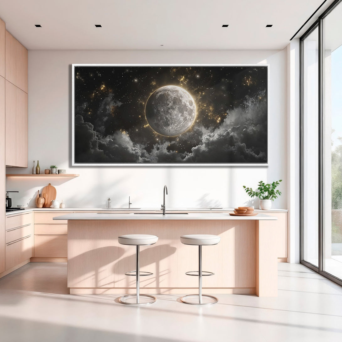 Framed Wall Art: Stunning moon and starry night Canvas Print in a modern kitchen. Dramatic black, white, and gold color palette. Elevate your space!