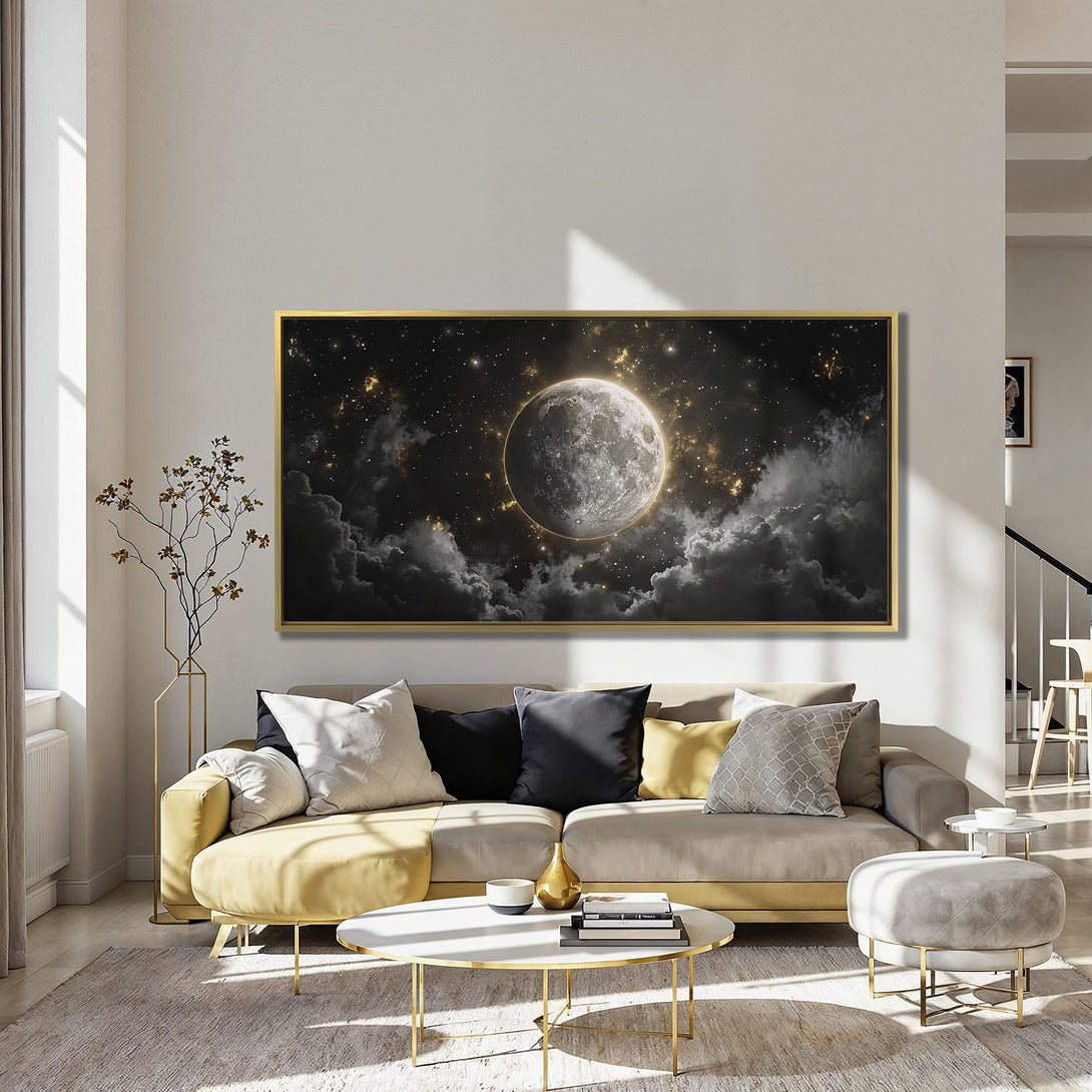 Canvas Print of a celestial moon and stars. Modern art with a dark, moody palette. Perfect for adding a touch of elegance to your space.