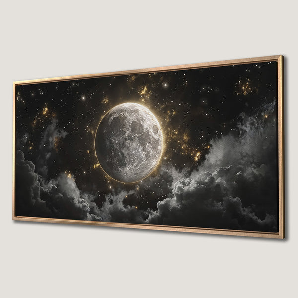 Framed Wall Art featuring a celestial moon and stars. Dramatic, moody artwork in a black, gold, and grey color palette. Perfect for adding a touch of mystery.