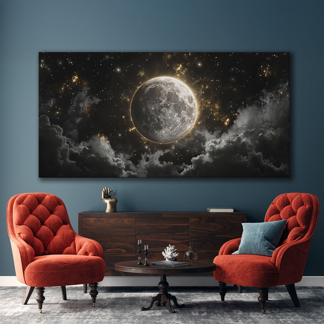 Framed Wall Art: Majestic moon and starry night canvas print in a modern living room. Dark, moody color palette with gold accents.