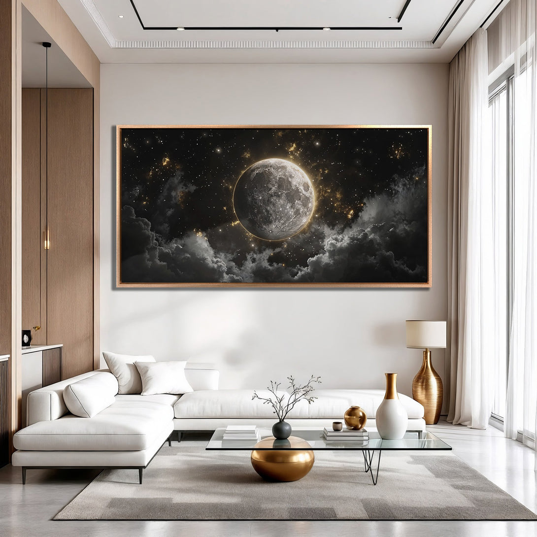 Framed Wall Art featuring a stunning moon and starry night scene. Modern, elegant design with a neutral color palette. Perfect for living room decor.