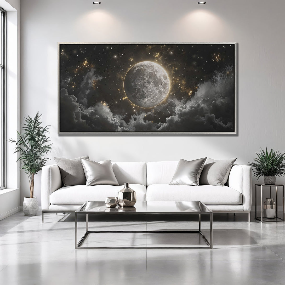 Framed Wall Art featuring a celestial moon and stars in a dark, moody color palette. Enhance your space with this stunning canvas print!