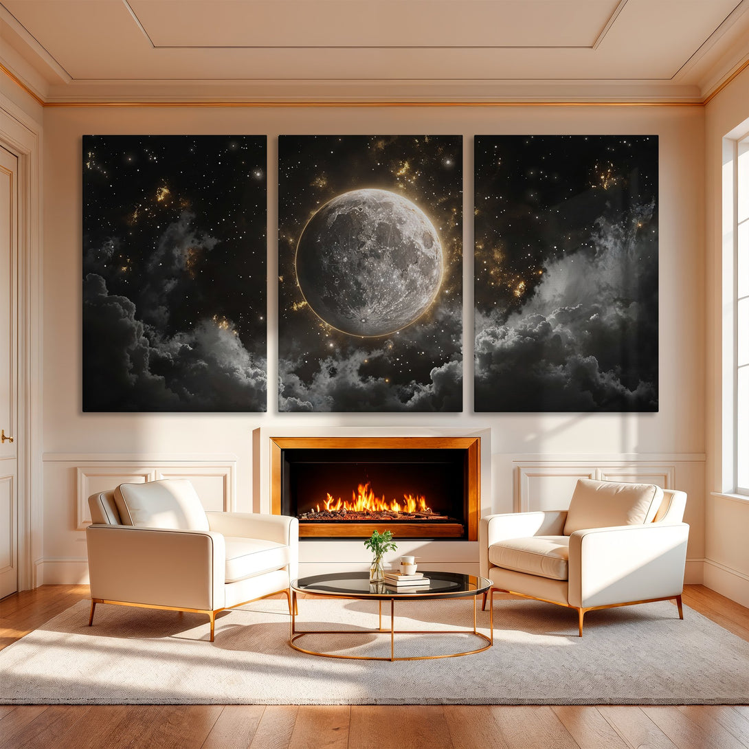 Canvas Print: Stunning moon and stars artwork in a luxurious interior. Dramatic black, gray, and gold color palette. Elevate your space with this celestial masterpiece.