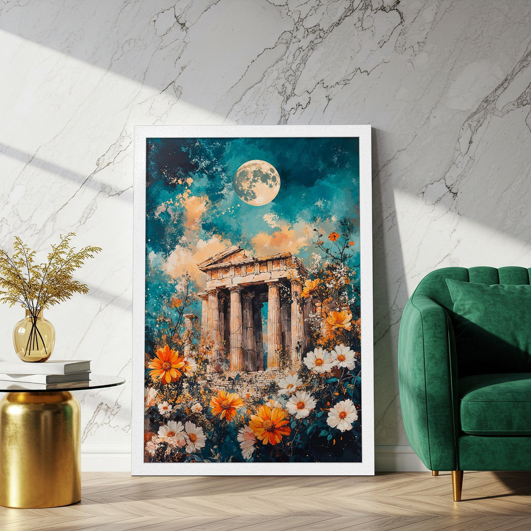 Framed Poster featuring a stunning ancient temple under a full moon, in a vibrant teal, orange, and white color palette. Add art to your space!