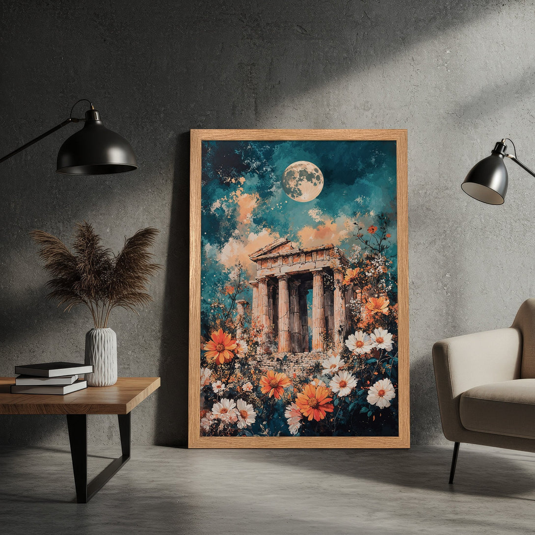 Framed Poster featuring a classical temple artwork with florals, in a dreamy style with teal, orange, and cream tones. Perfect wall art!