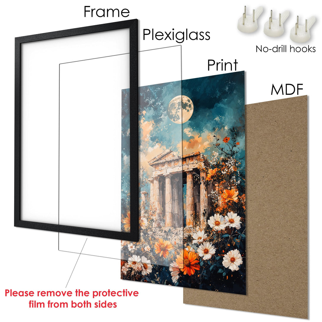 Framed Poster featuring a dreamy landscape painting with a warm color palette. Perfect wall decor!