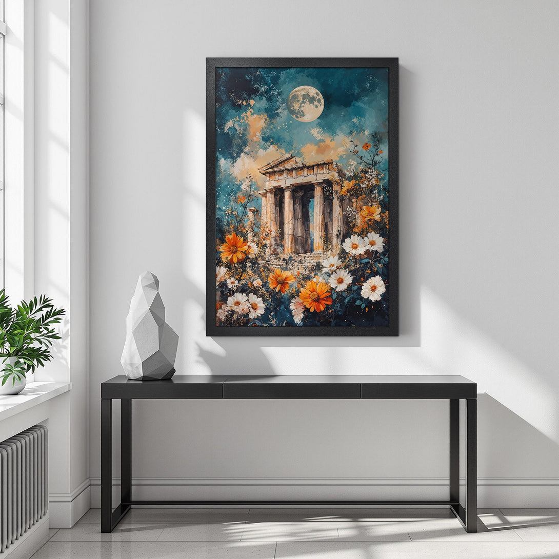 Framed Poster featuring a Greek temple with flowers, in a watercolor style, with a blue, orange, and white color palette.