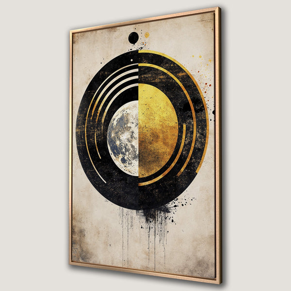 Framed Wall Art featuring a celestial design in black, gold, and beige. Modern abstract art for home decor.