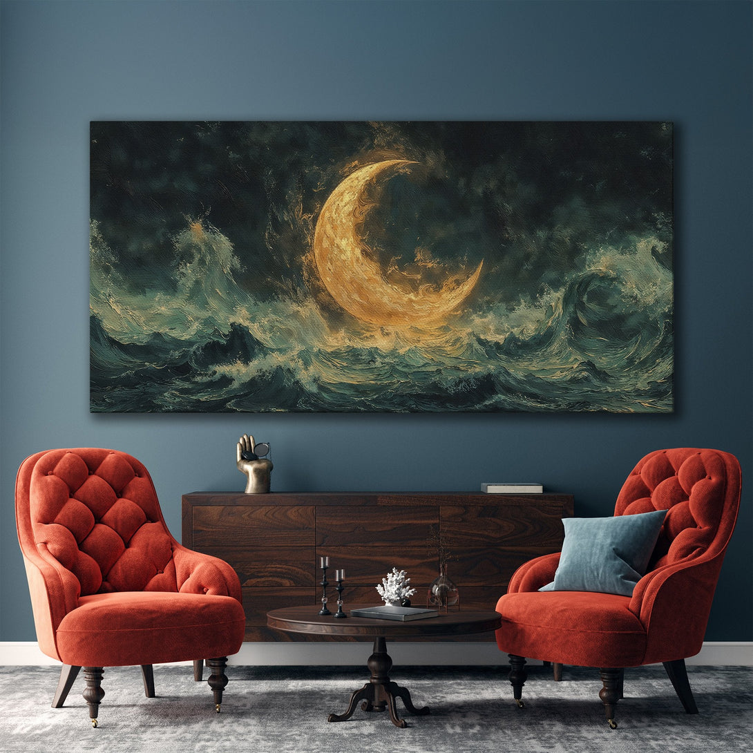 Framed Wall Art: Dramatic seascape Canvas Print featuring a glowing moon, painted in a moody, painterly style with a dark teal and gold color palette.