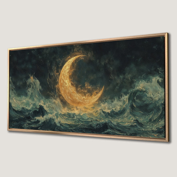 Framed Wall Art: Dramatic seascape with a golden crescent moon, painted in a textured, impressionistic style. Features a moody teal & gold color palette.
