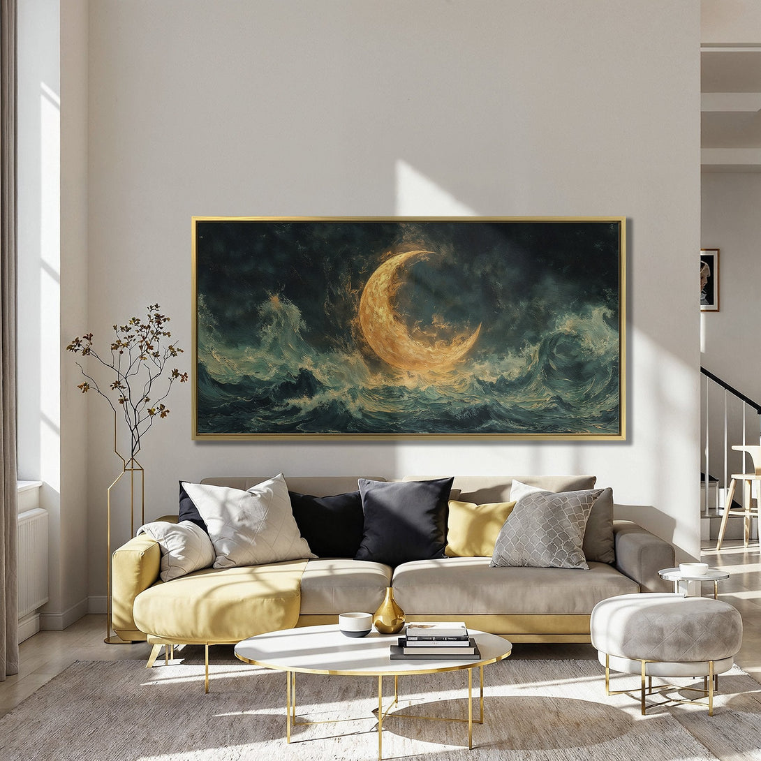 Canvas Print of a dramatic moonlit ocean scene in teal and gold, displayed in a stylish interior. Perfect wall art for any room!