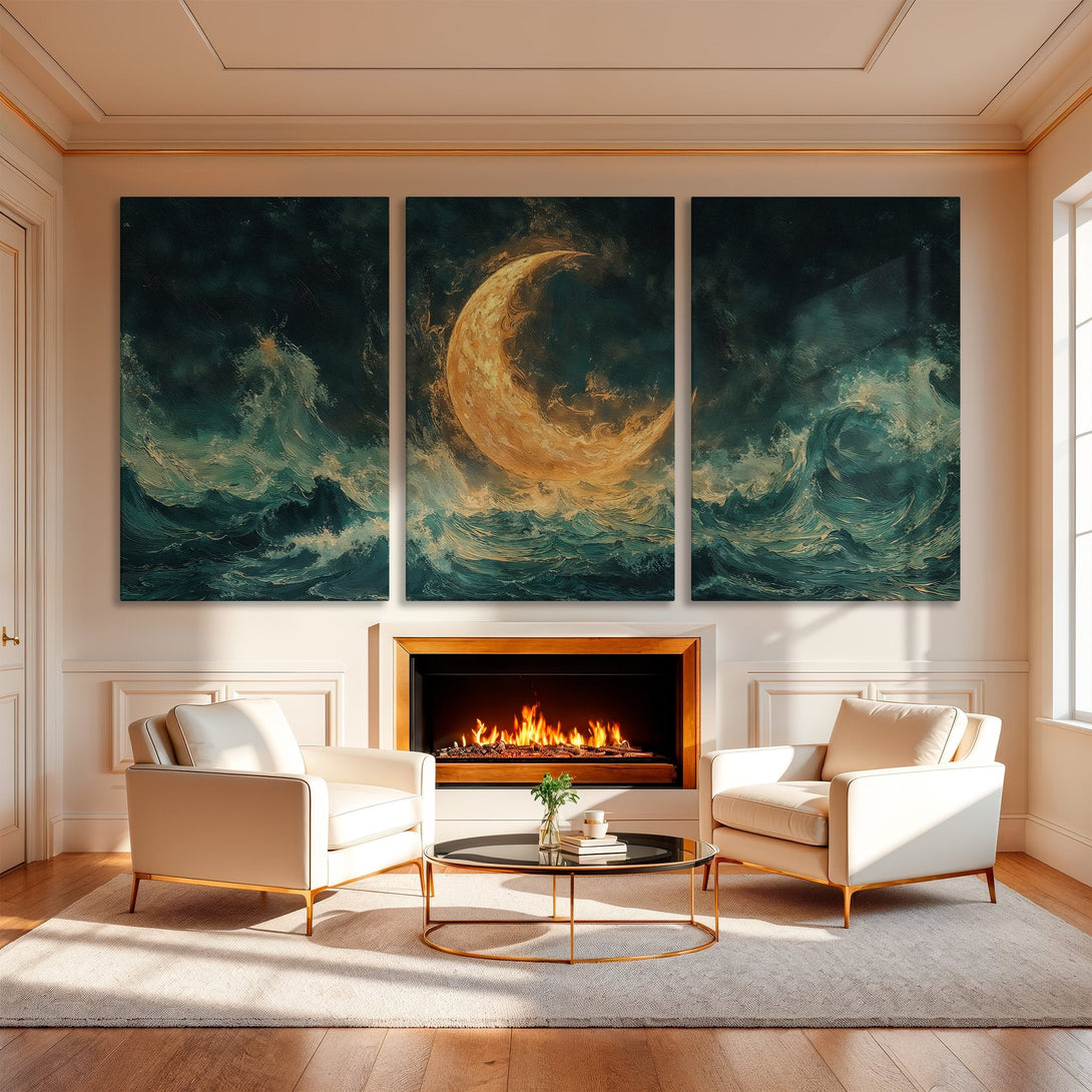 Canvas Print triptych featuring a dramatic ocean scene with a moon. Moody teal and gold color palette. Perfect for living room decor.