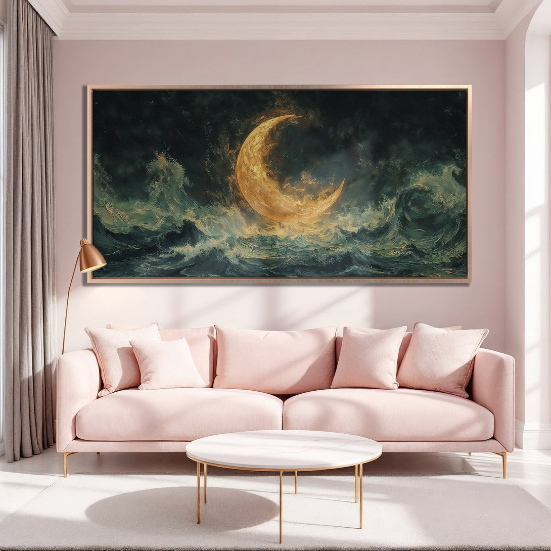 Framed Wall Art: Dramatic moon over ocean canvas print in teal and gold. Perfect for modern living rooms. Shop now for unique wall decor!