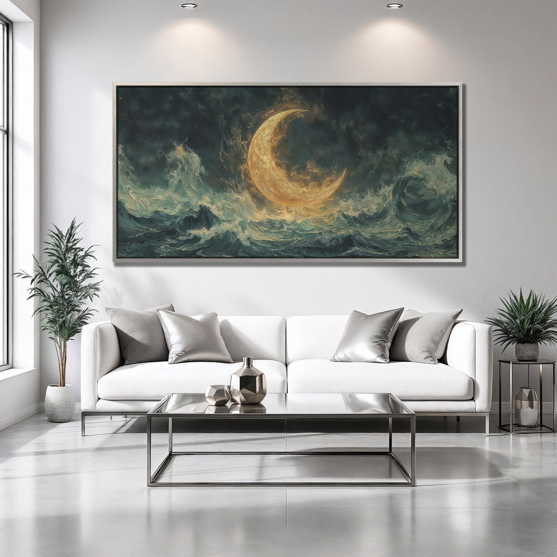 Framed Wall Art: Dramatic seascape Canvas Print with moon and ocean waves in teal, gold, and dark tones. Perfect for modern home decor.